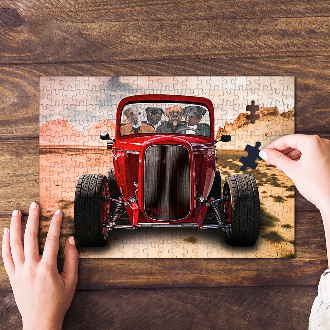 Personalized 'Hot Rod' puzzle featuring four custom pet portraits in a red vintage car.