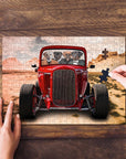 Personalized 'Hot Rod' puzzle featuring four custom pet portraits in a red vintage car.