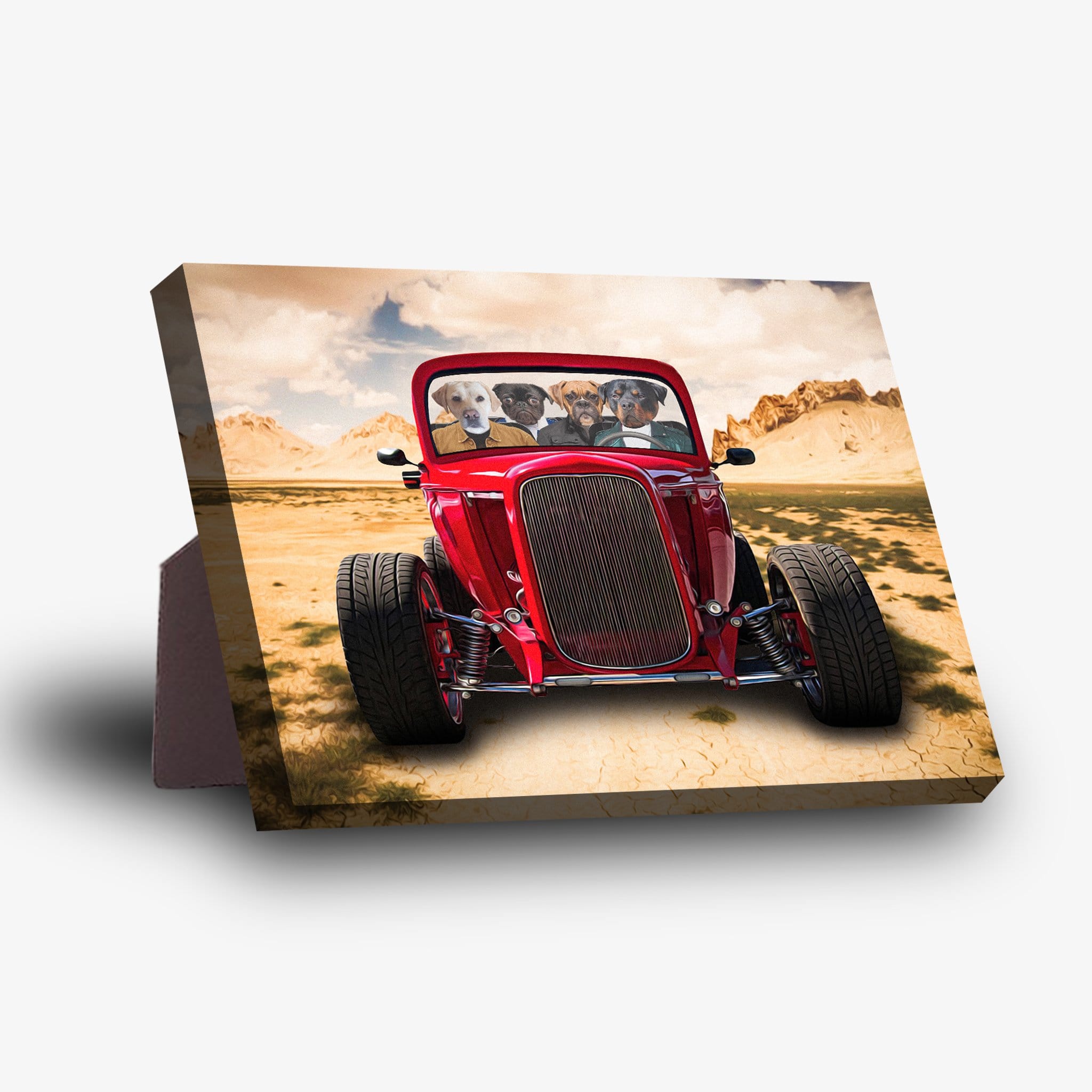 Personalized 'Hot Rod' standing canvas featuring four pets in a red vintage car in a desert landscape.