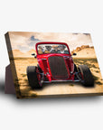 Personalized 'Hot Rod' standing canvas featuring four pets in a red vintage car in a desert landscape.