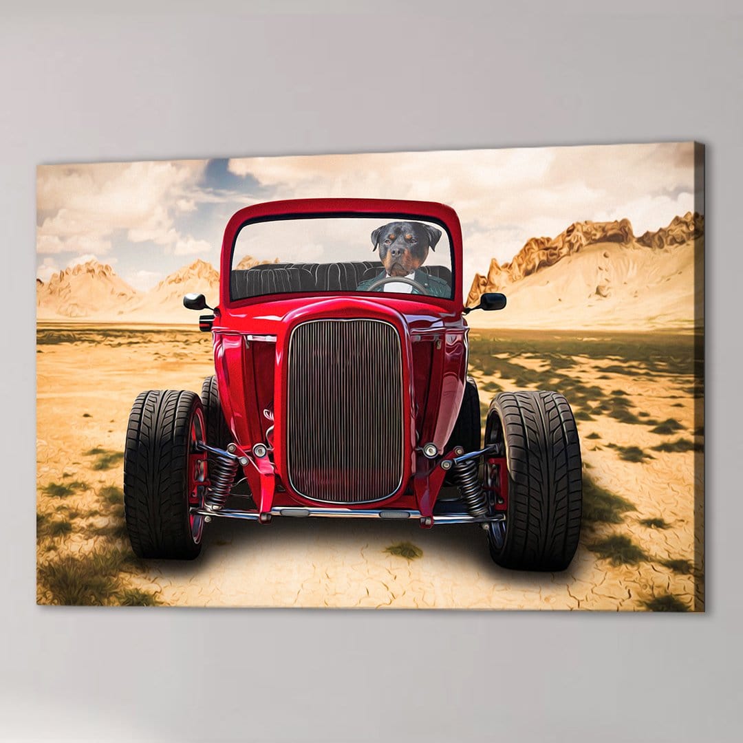 Personalized pet canvas: a Rottweiler in a red hot rod, driving through a desert landscape.