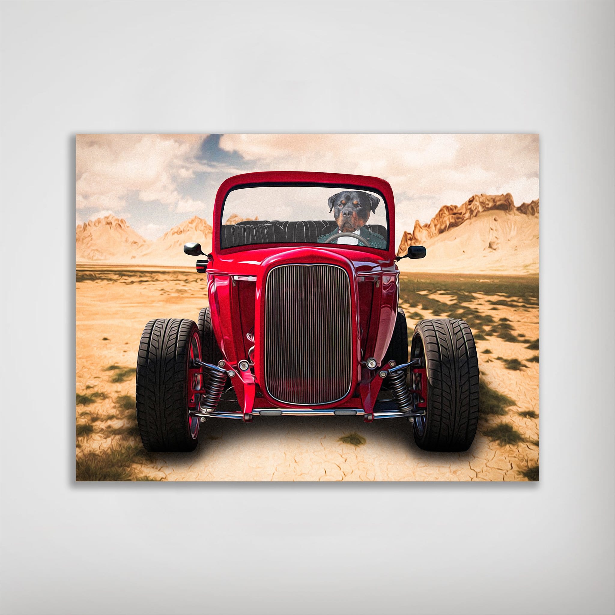 Personalized pet poster featuring a dog driving a red hot rod in a desert landscape.