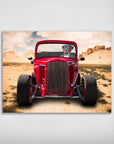 Personalized pet poster featuring a dog driving a red hot rod in a desert landscape.