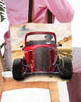 Personalized tote bag with a custom pet portrait of a dog driving a red hot rod car.