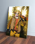 Personalized pet canvas featuring a dog's head on a hunter's body in a forest, with a rifle.