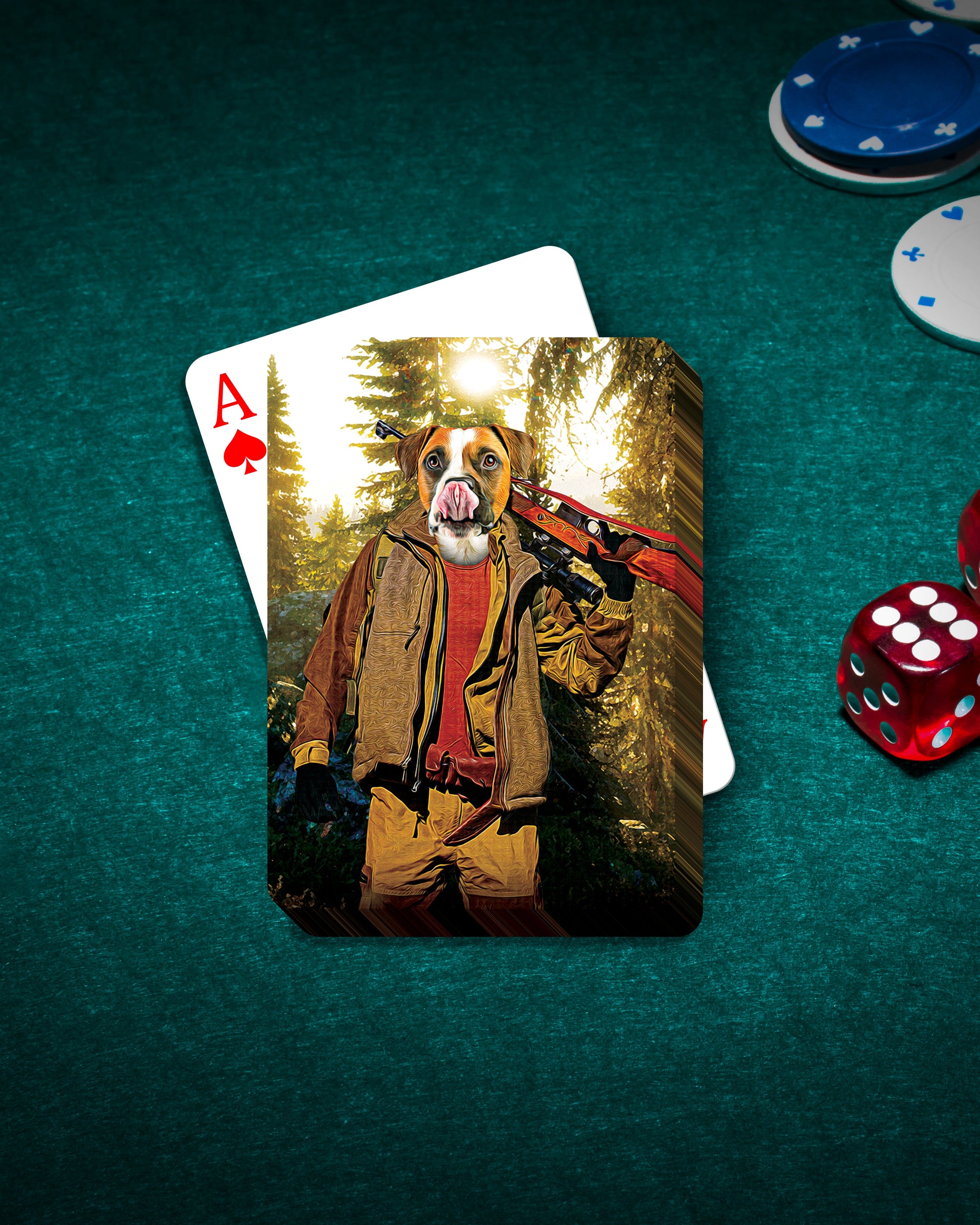 Personalized playing card featuring a dog's head on a hunter's body, with poker chips and dice on green felt.