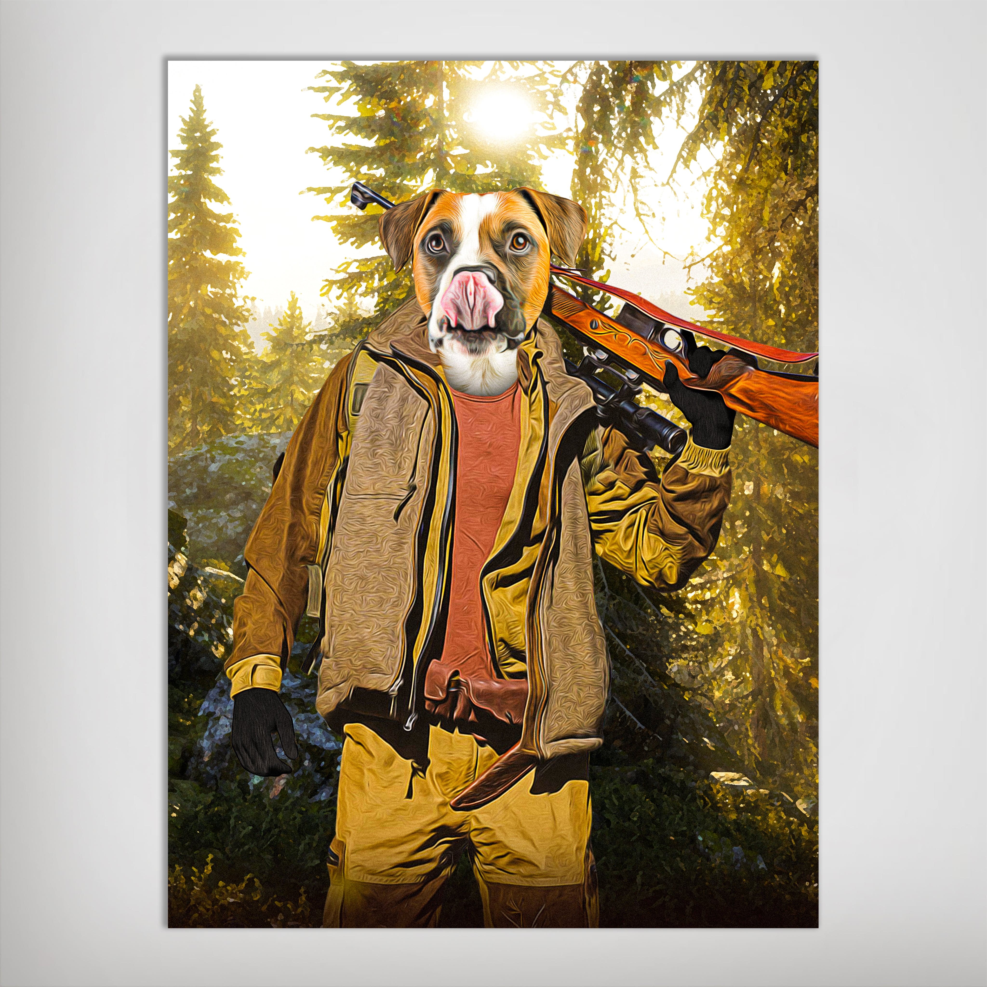 Personalized pet poster featuring a dog's head on a hunter's body in a forest, holding a rifle.