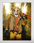 Personalized pet poster featuring a dog's head on a hunter's body in a forest, holding a rifle.