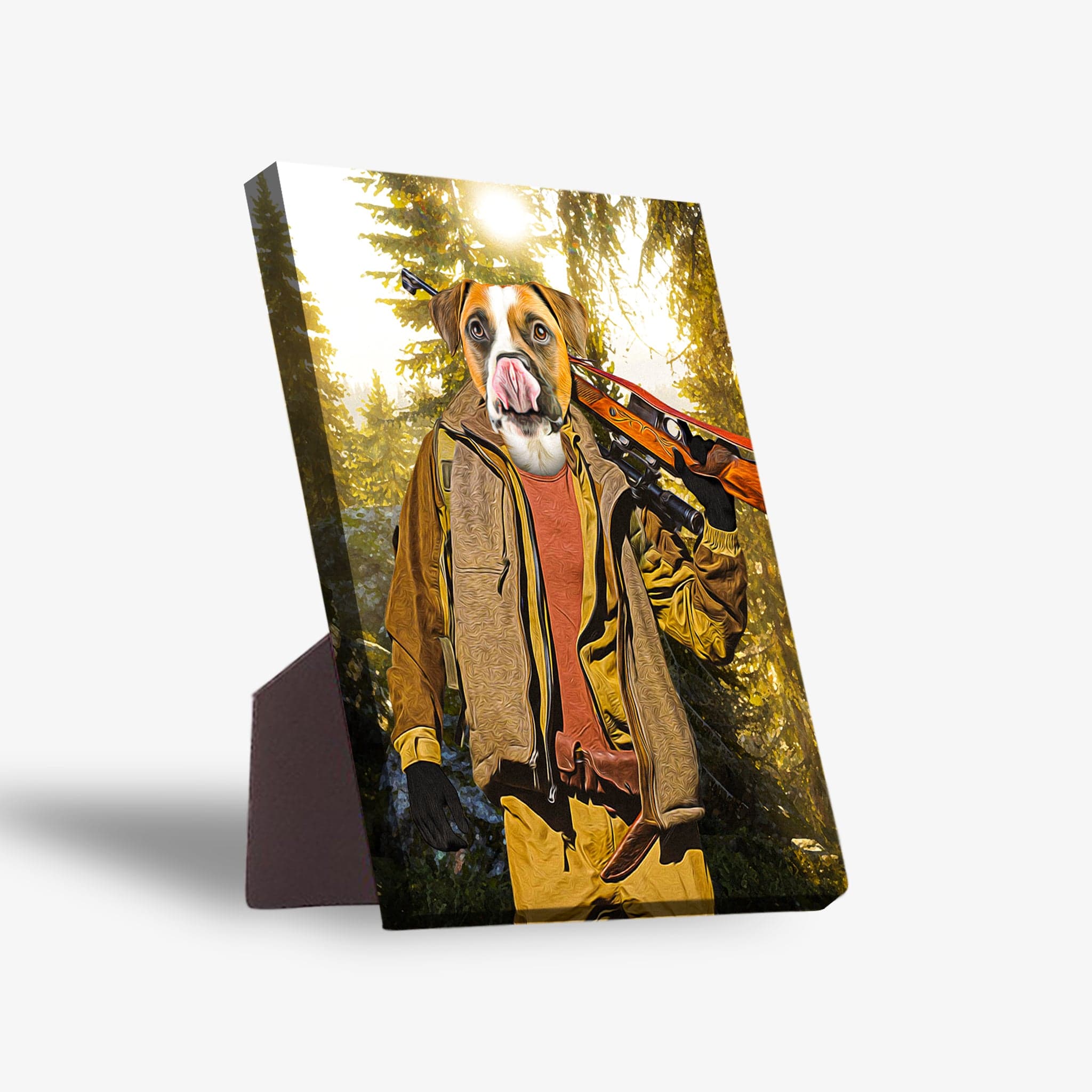 Personalized pet standing canvas featuring a boxer dog's head on a hunter's body in a forest, with a pre-attached stand.