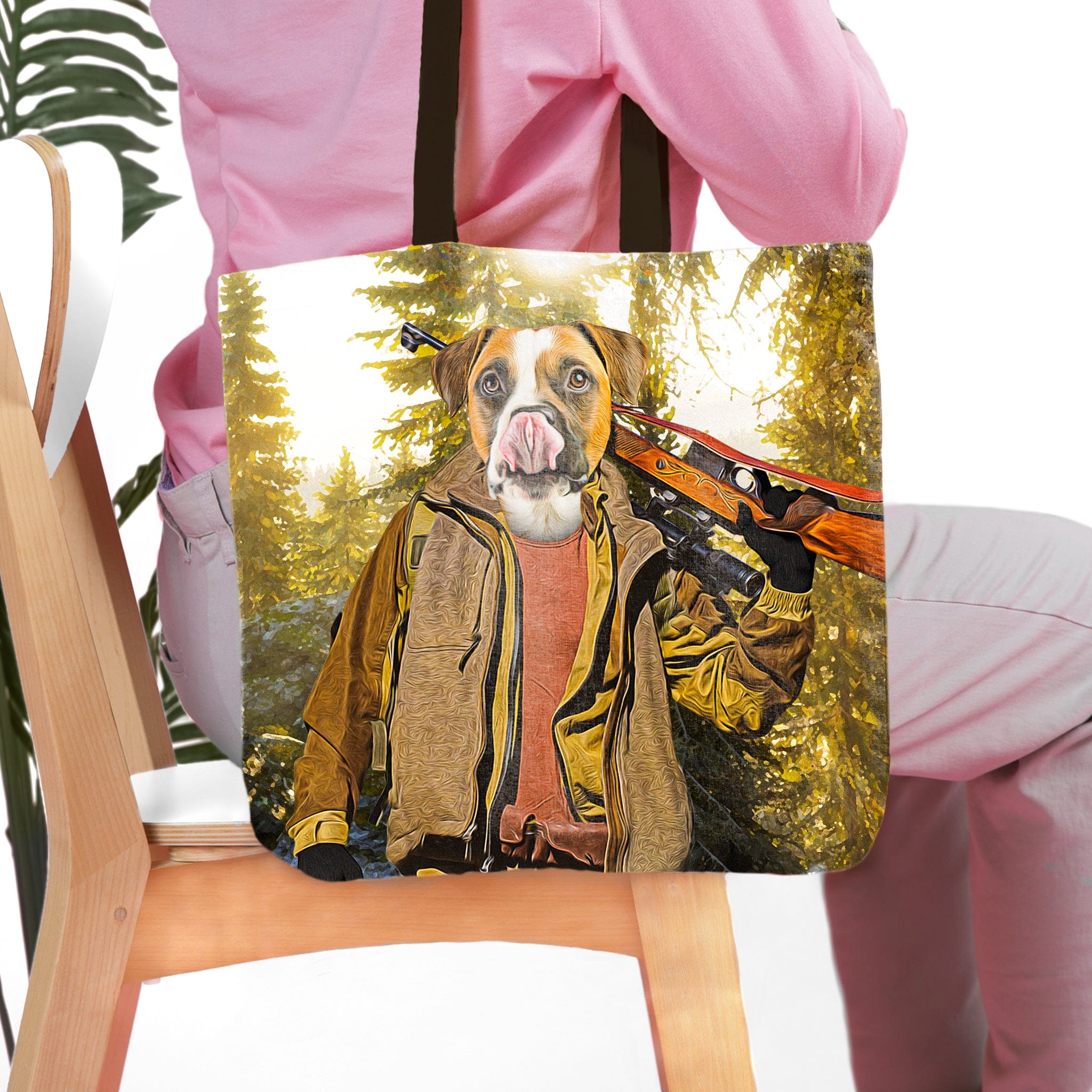 Personalized 'The Hunter' tote bag with a custom pet portrait of a dog in a hunter outfit.