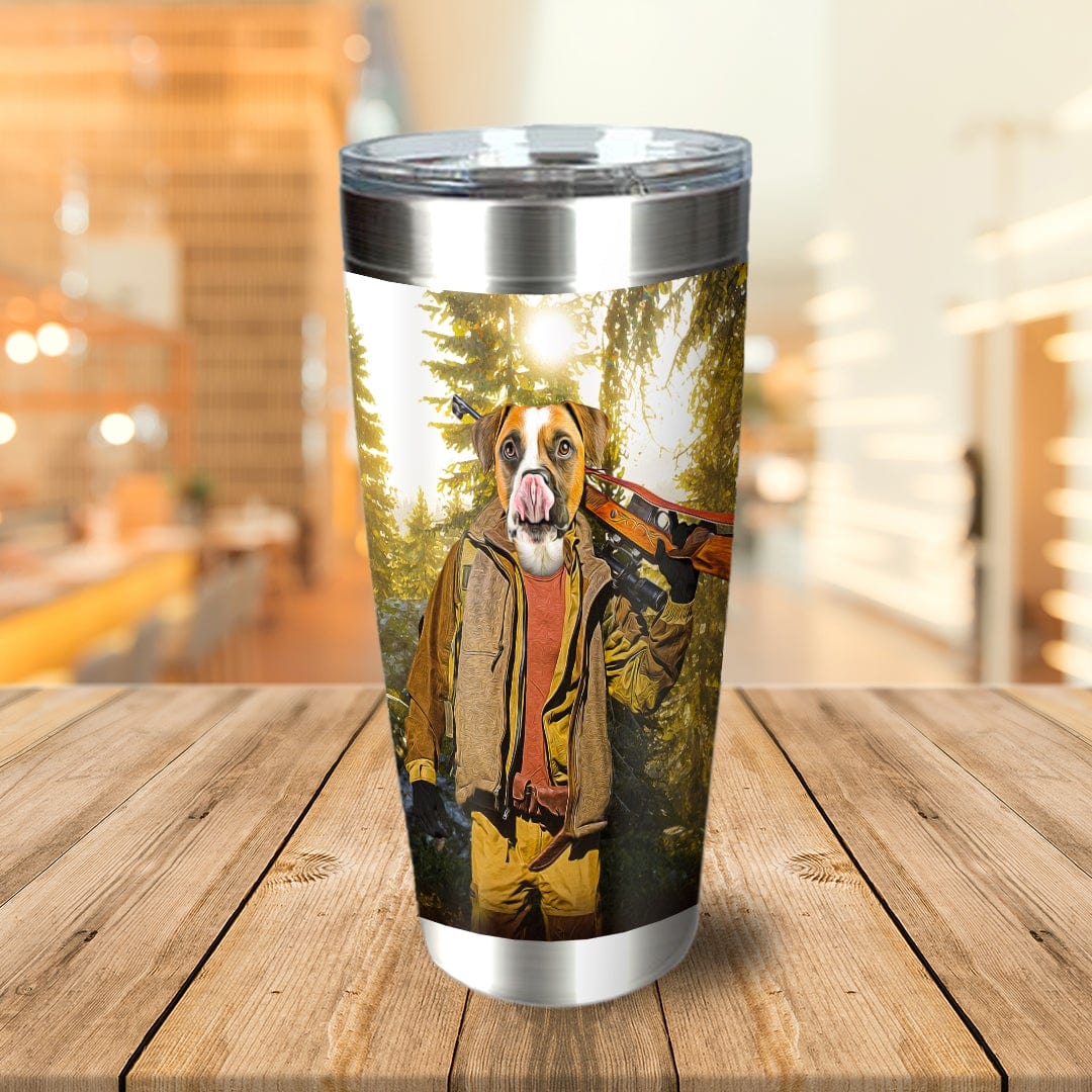 Personalized stainless steel tumbler with a custom Boxer dog portrait in a hunter outfit.