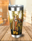 Personalized stainless steel tumbler with a custom Boxer dog portrait in a hunter outfit.