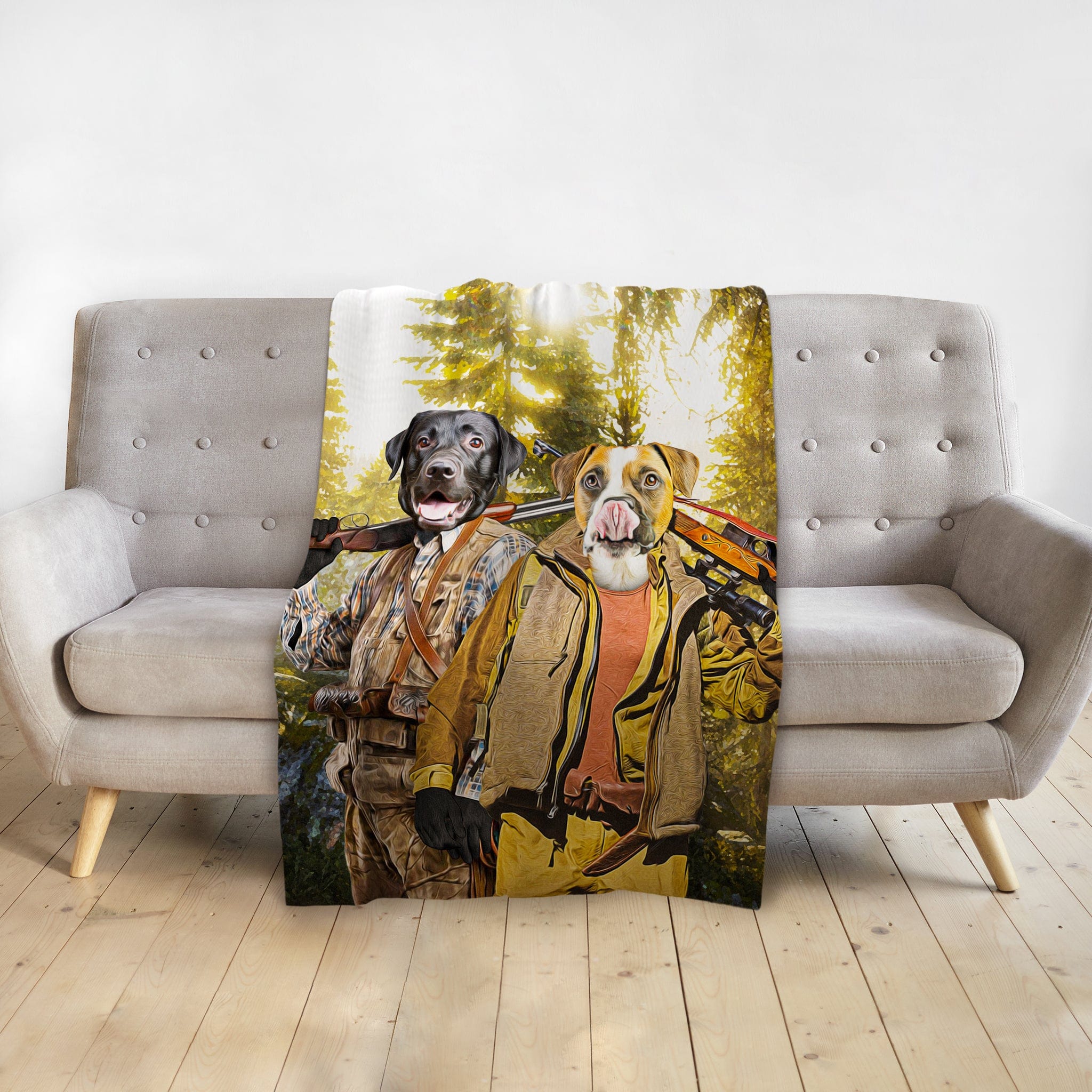 Personalized 'The Hunters' pet portrait blanket with two dogs in renaissance hunting attire.