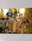 Custom canvas print of two dogs dressed as hunters with rifles in a sunlit forest.