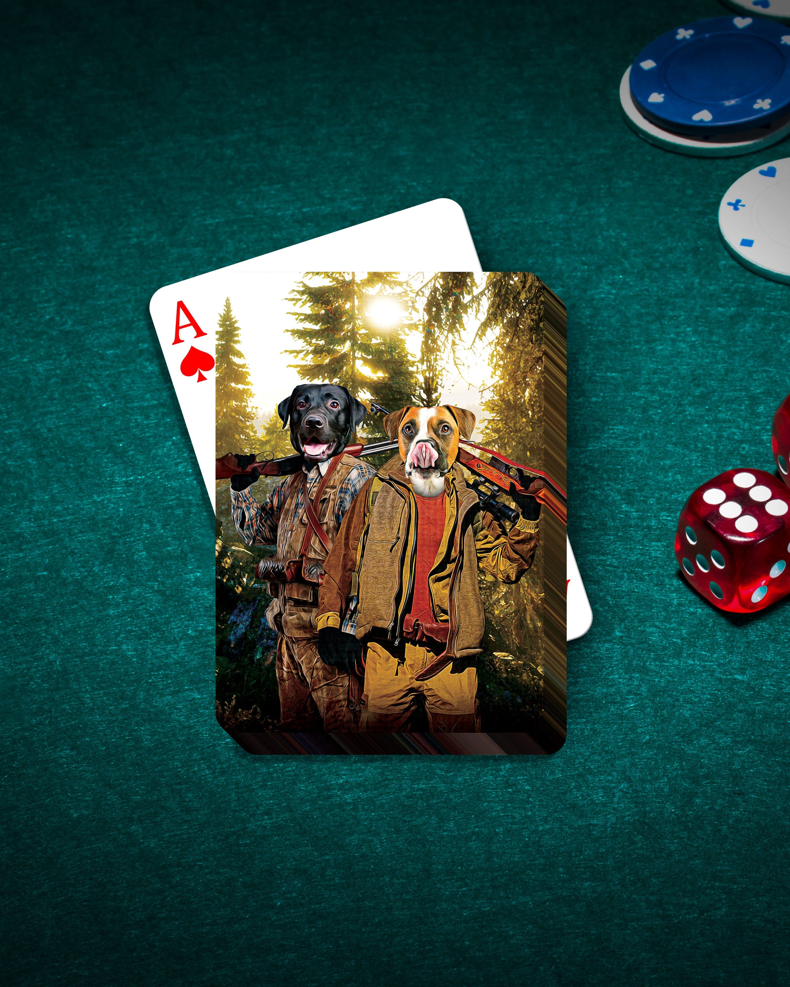 Personalized playing cards featuring two pets as hunters in a forest, with an ace of spades and poker chips.