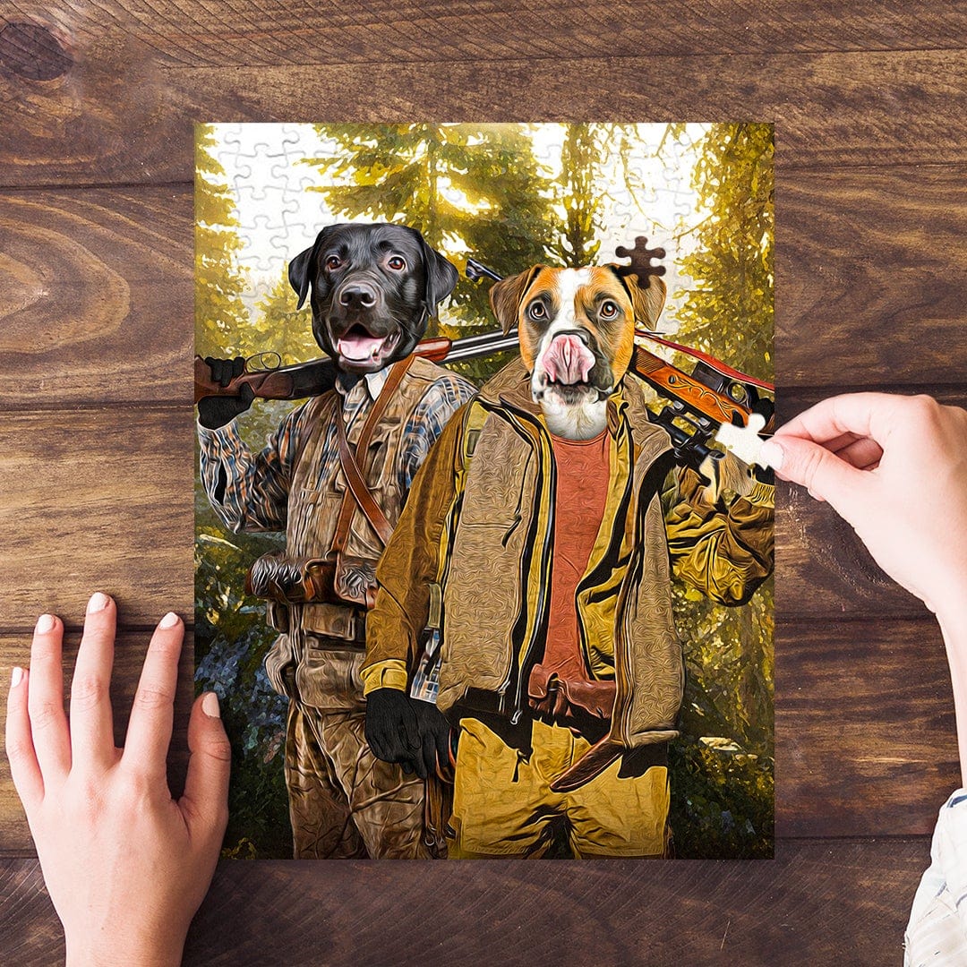 Personalized 2-pet puzzle featuring two dogs dressed as hunters in a forest, being assembled.