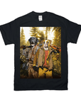 Black Gildan t-shirt featuring two dogs in hunting gear with rifles, standing in a sunlit forest.