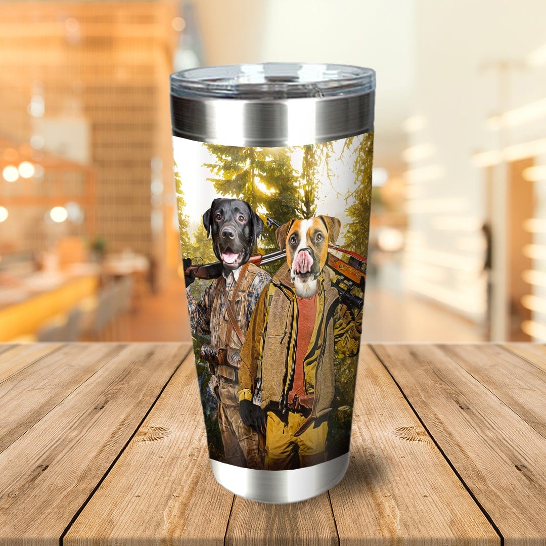 Personalized stainless steel tumbler with custom Viking-style portraits of two dogs in hunting attire.
