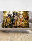 Personalized 3-pet hunting portrait blanket with a pug, black lab, and boxer in a forest.