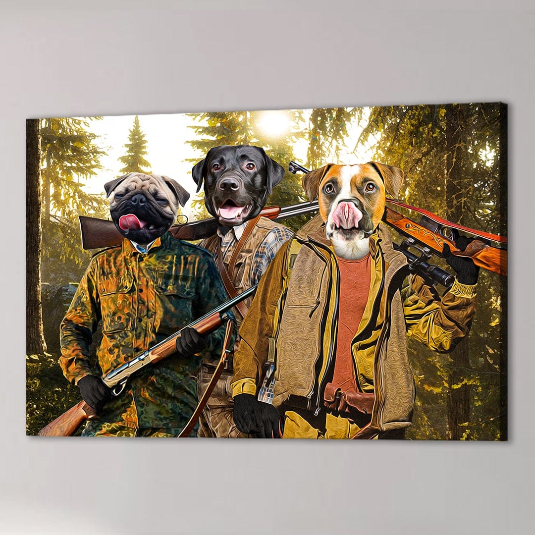 Personalized 3 pet canvas featuring a pug, black lab, and boxer in hunting attire with rifles in a forest.