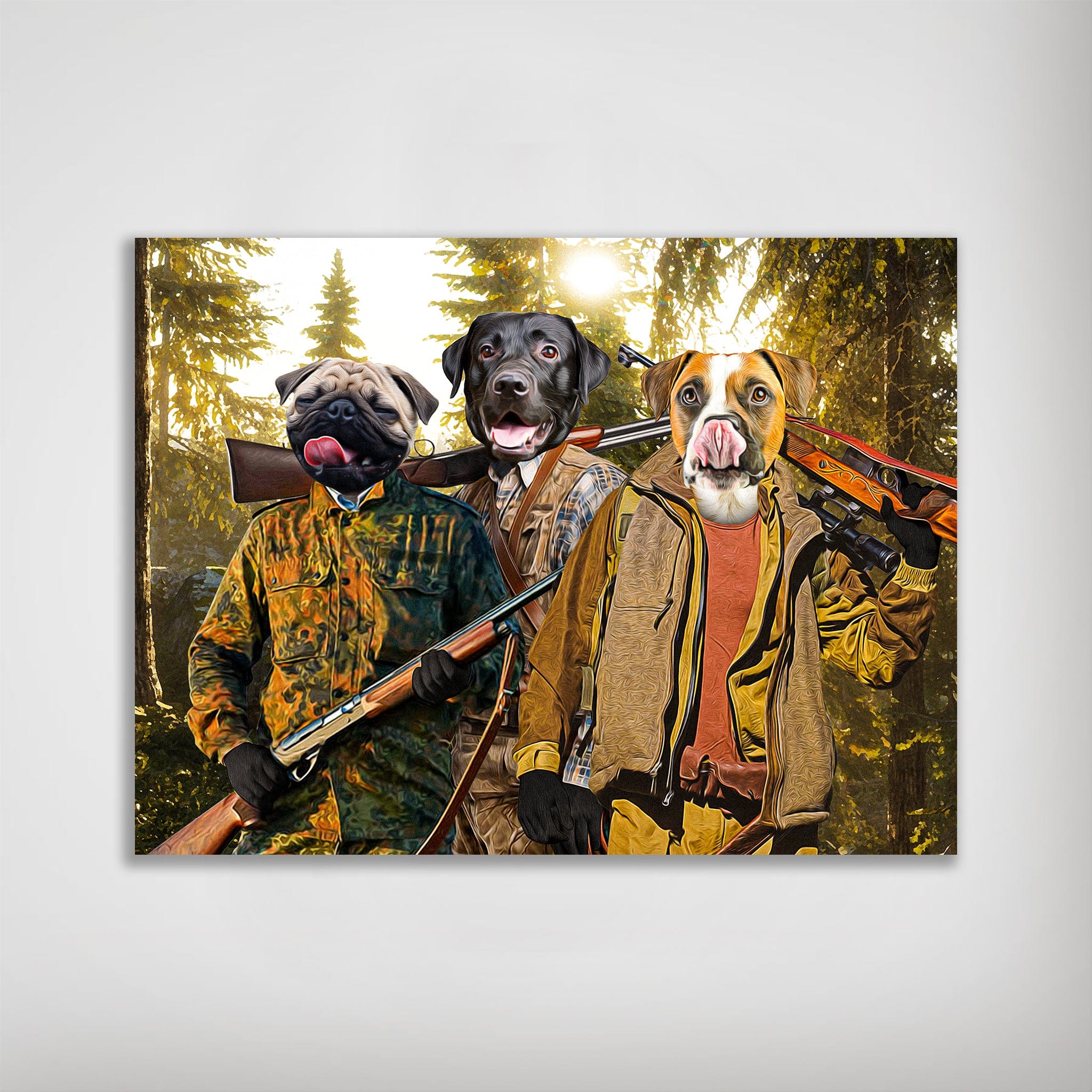 Personalized 'The Hunters' poster featuring three pets as hunters in a forest, matte finish.