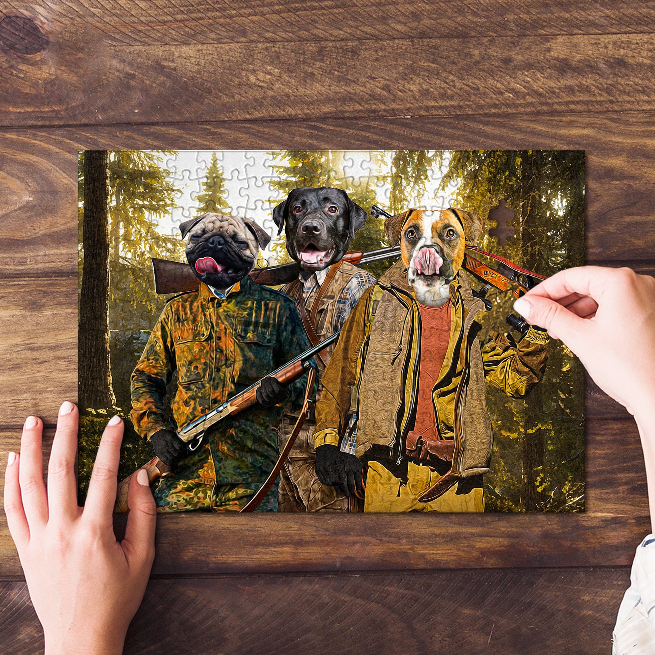Personalized 3-pet puzzle featuring dogs in Renaissance hunter portraits on a wooden table.