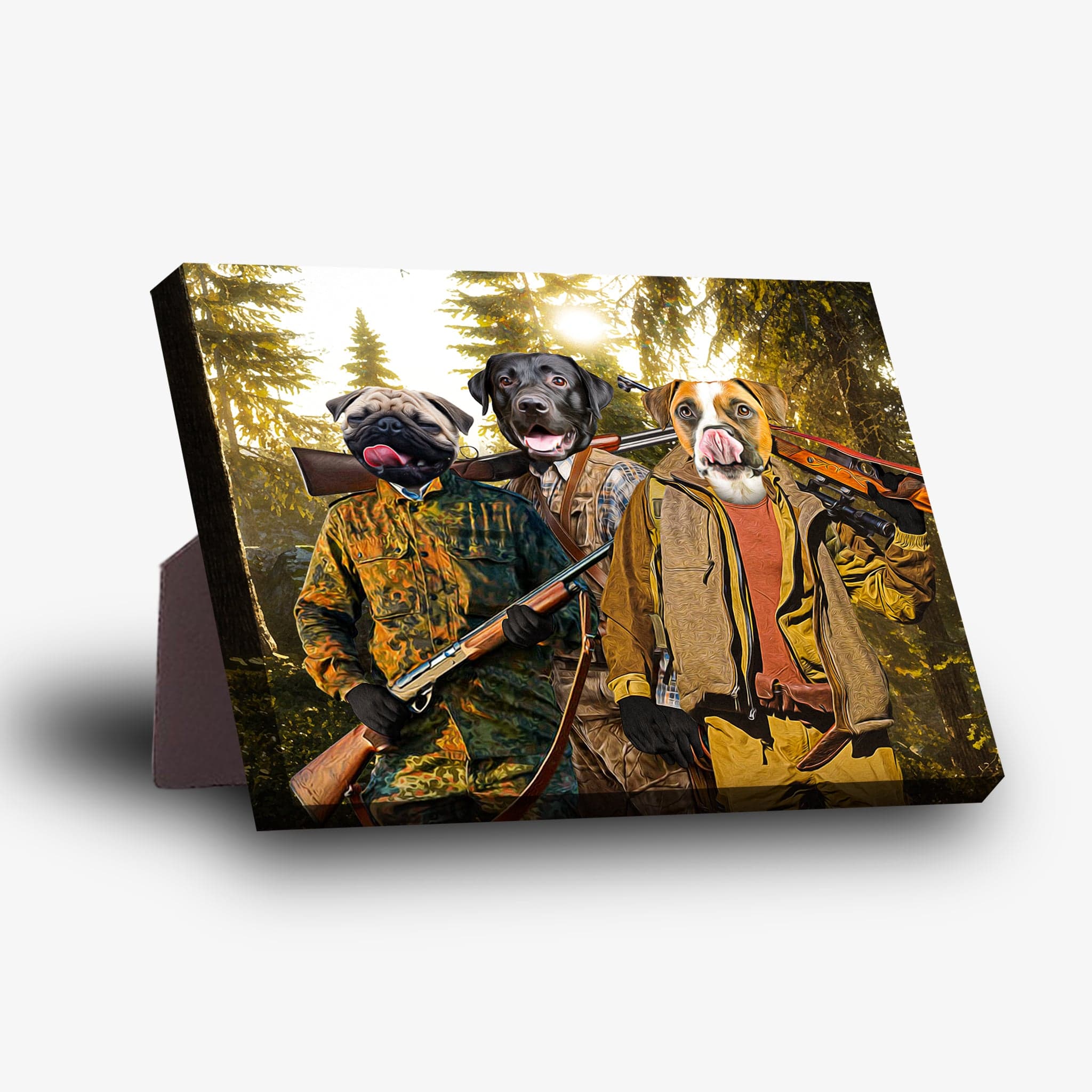 Personalized standing canvas featuring three pets (pug, labrador, boxer) in hunter outfits in a forest setting.