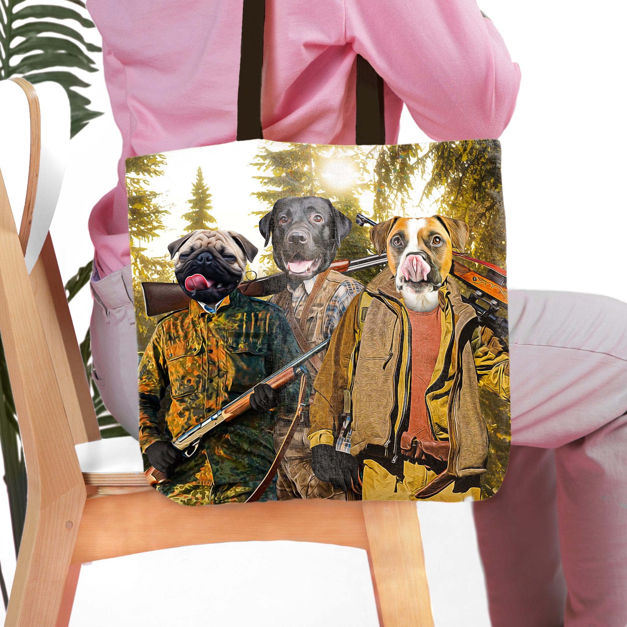 Personalized 3-pet 'The Hunters' tote bag featuring dog portraits in renaissance hunting attire.