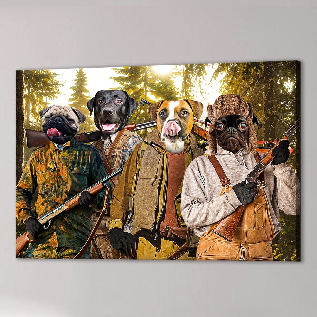Four personalized pet portraits on canvas, depicting dogs dressed as hunters with rifles in a forest.