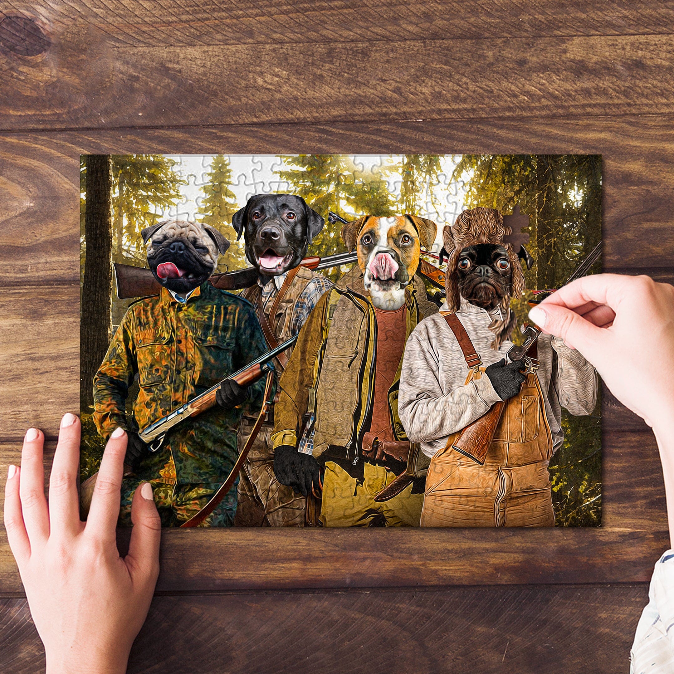 Custom 4-pet hunting dog renaissance portrait puzzle on a wooden table.