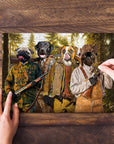 Custom 4-pet hunting dog renaissance portrait puzzle on a wooden table.