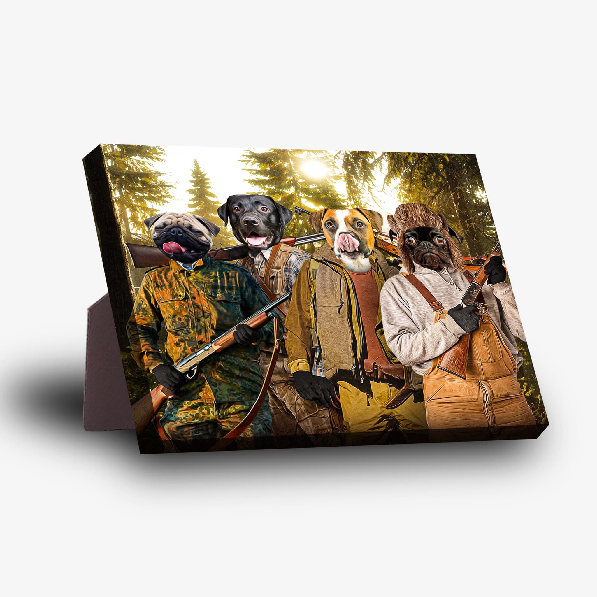 Personalized 'The Hunters' standing canvas featuring four pets in hunting attire with a forest background.