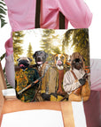 Personalized 4-pet 'The Hunters' tote bag featuring dogs in renaissance-style hunting attire.