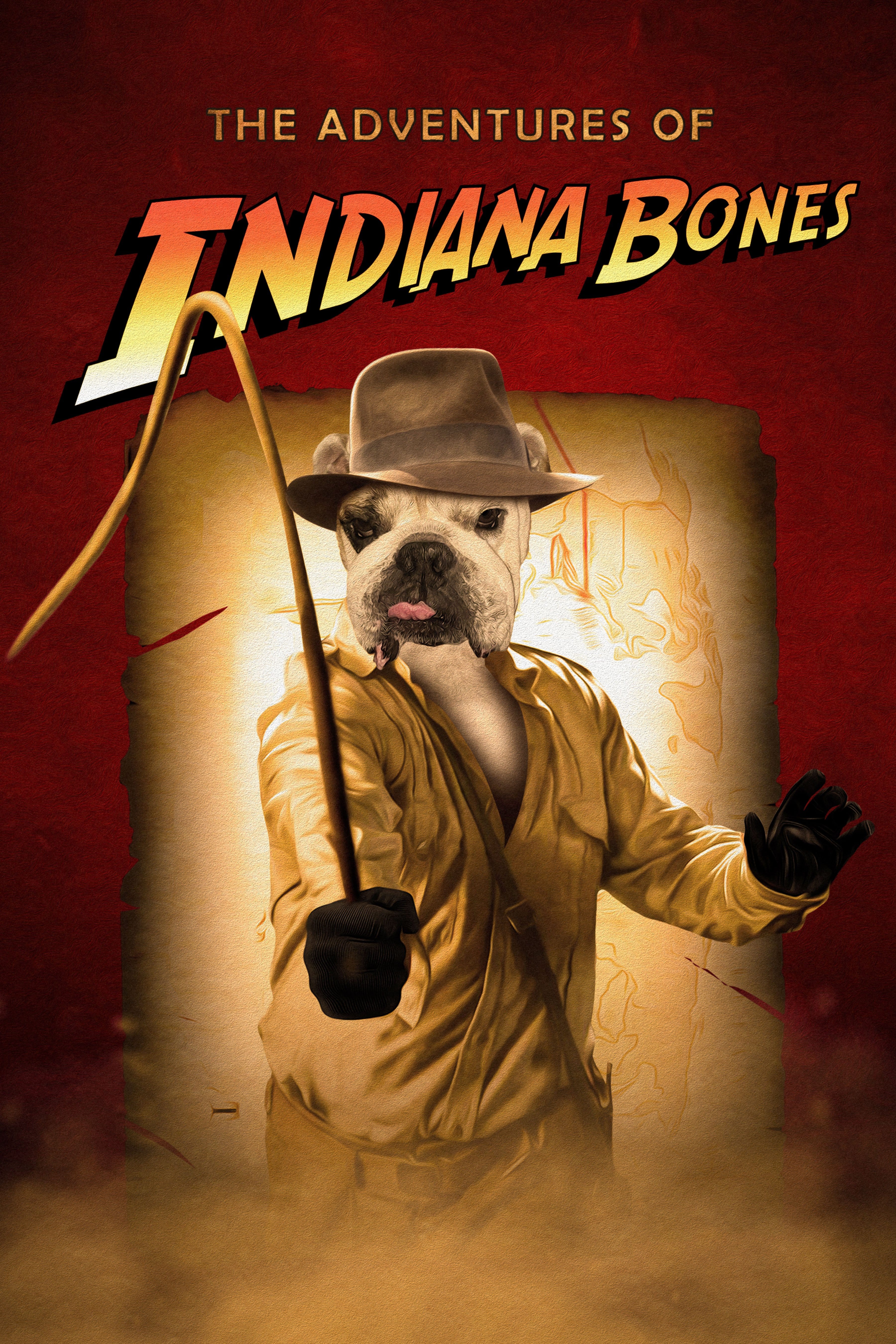 Custom digital portrait of a bulldog as Indiana Bones, wearing a hat and holding a whip.