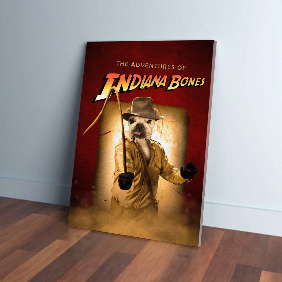 Personalized 'Indiana Bones' pet canvas featuring a French Bulldog in a fedora and whip on a red background.