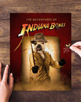 Personalized "Indiana Bones" pet puzzle featuring a bulldog in an adventure costume.
