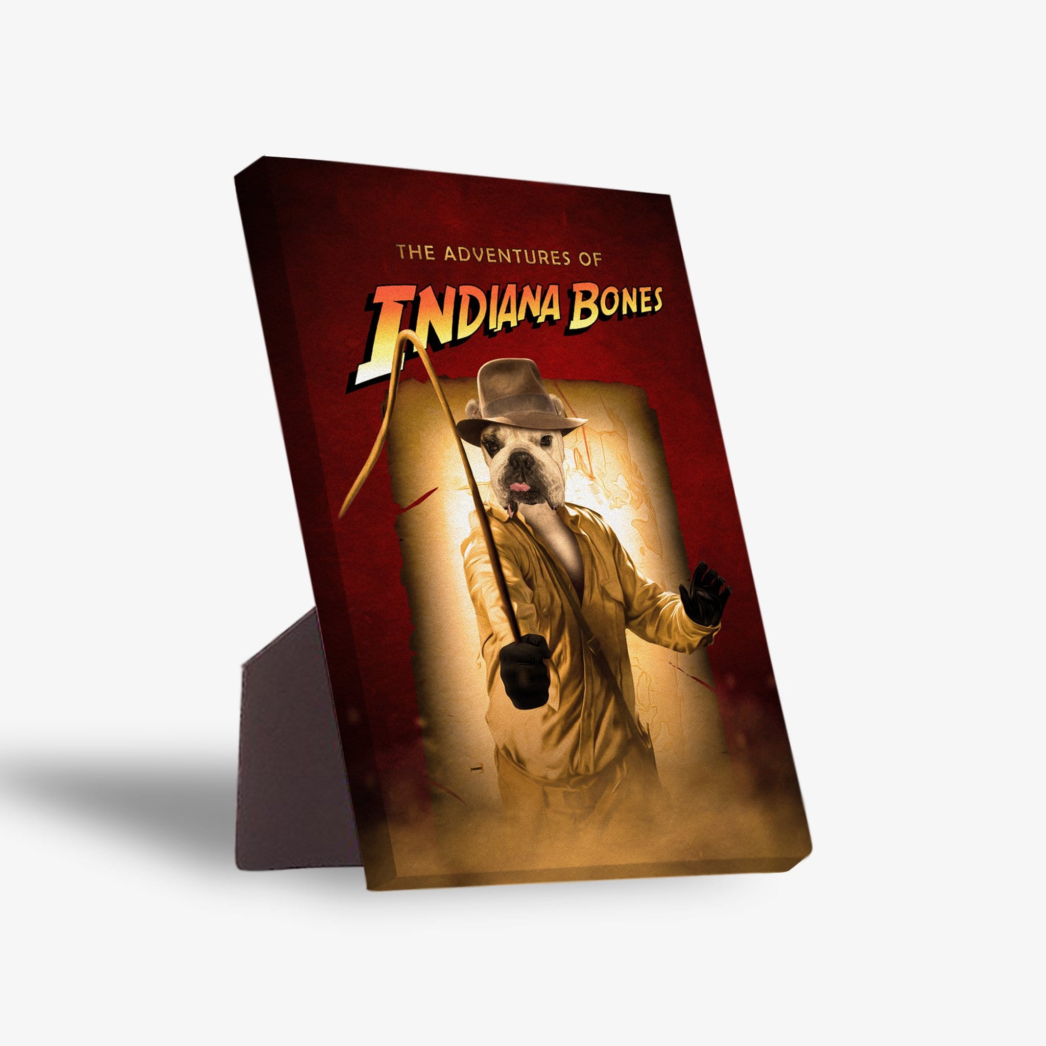Personalized pet standing canvas featuring a dog dressed as Indiana Jones on a red background.
