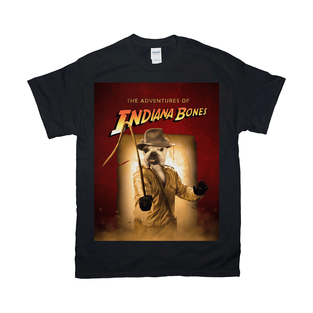 Black Gildan t-shirt featuring "The Indiana Bones" personalized pet design with a dog in a fedora and whip.