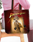 Personalized 'Indiana Bones' tote bag featuring a French Bulldog pet portrait in an adventure movie style.