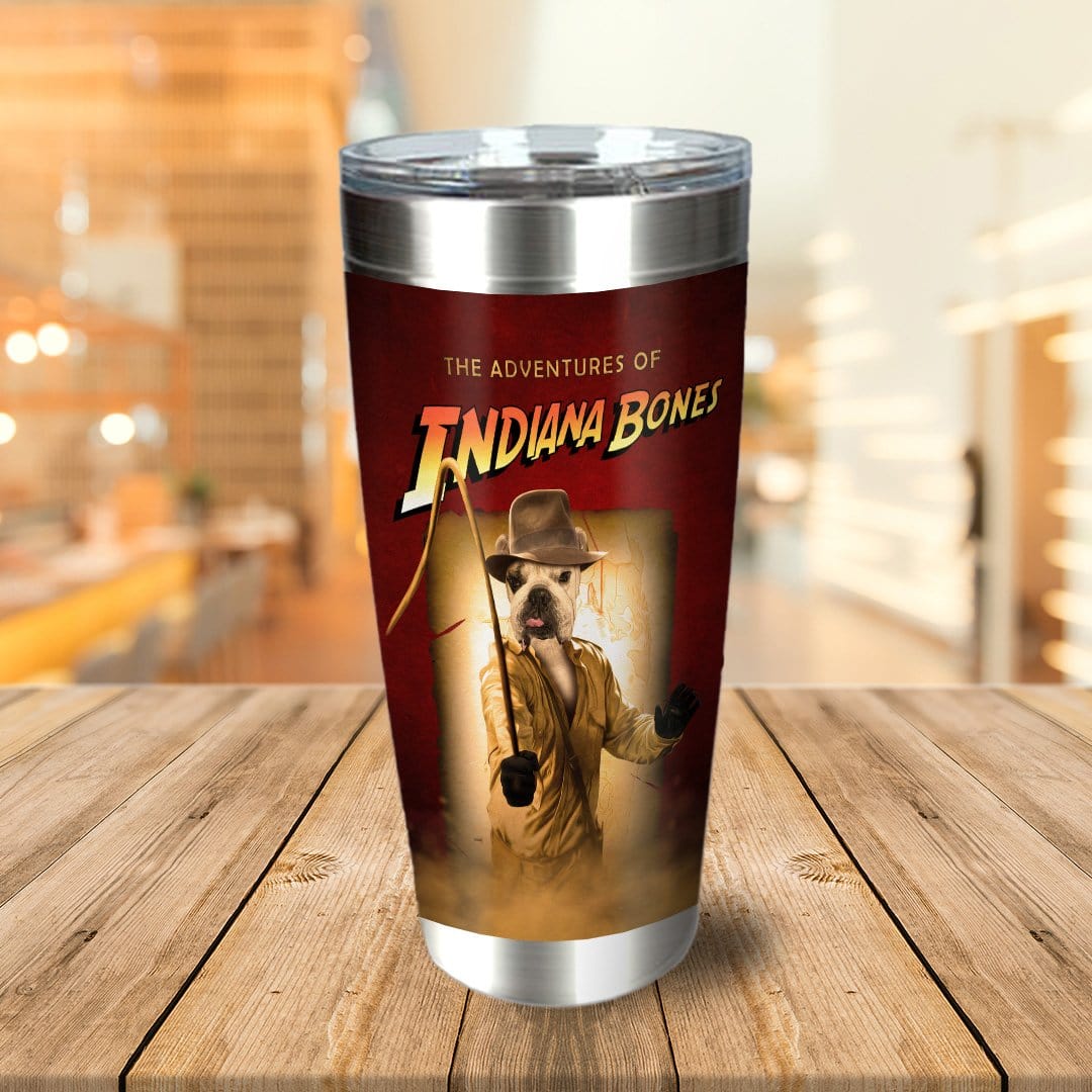 Personalized stainless steel tumbler with a custom dog portrait in an "Indiana Bones" adventure style.