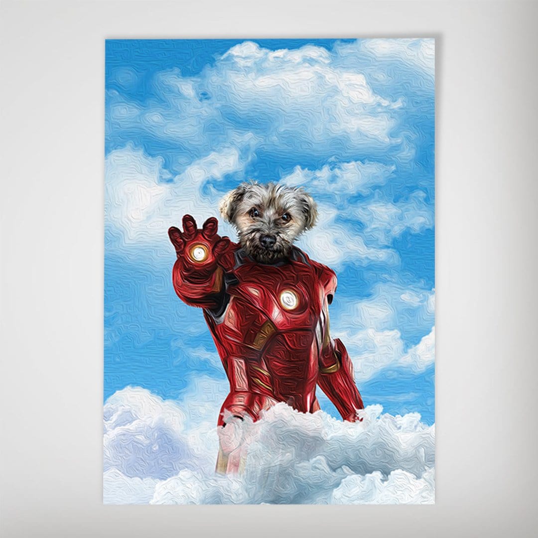 Personalized "The Iron Doggo" poster featuring a dog's head on a red Iron Man suit, against a blue sky with clouds.