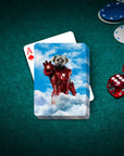 Personalized playing cards featuring a custom pet portrait of a dog in a red Iron Man suit on a green felt table with chips and dice.