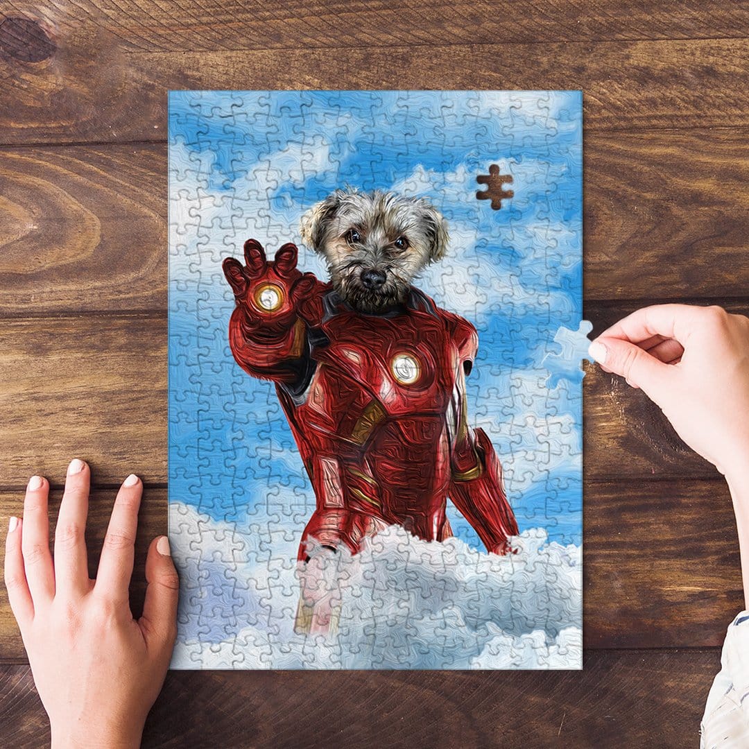 Personalized Iron Doggo pet puzzle featuring a terrier in a red superhero suit, with hands assembling.