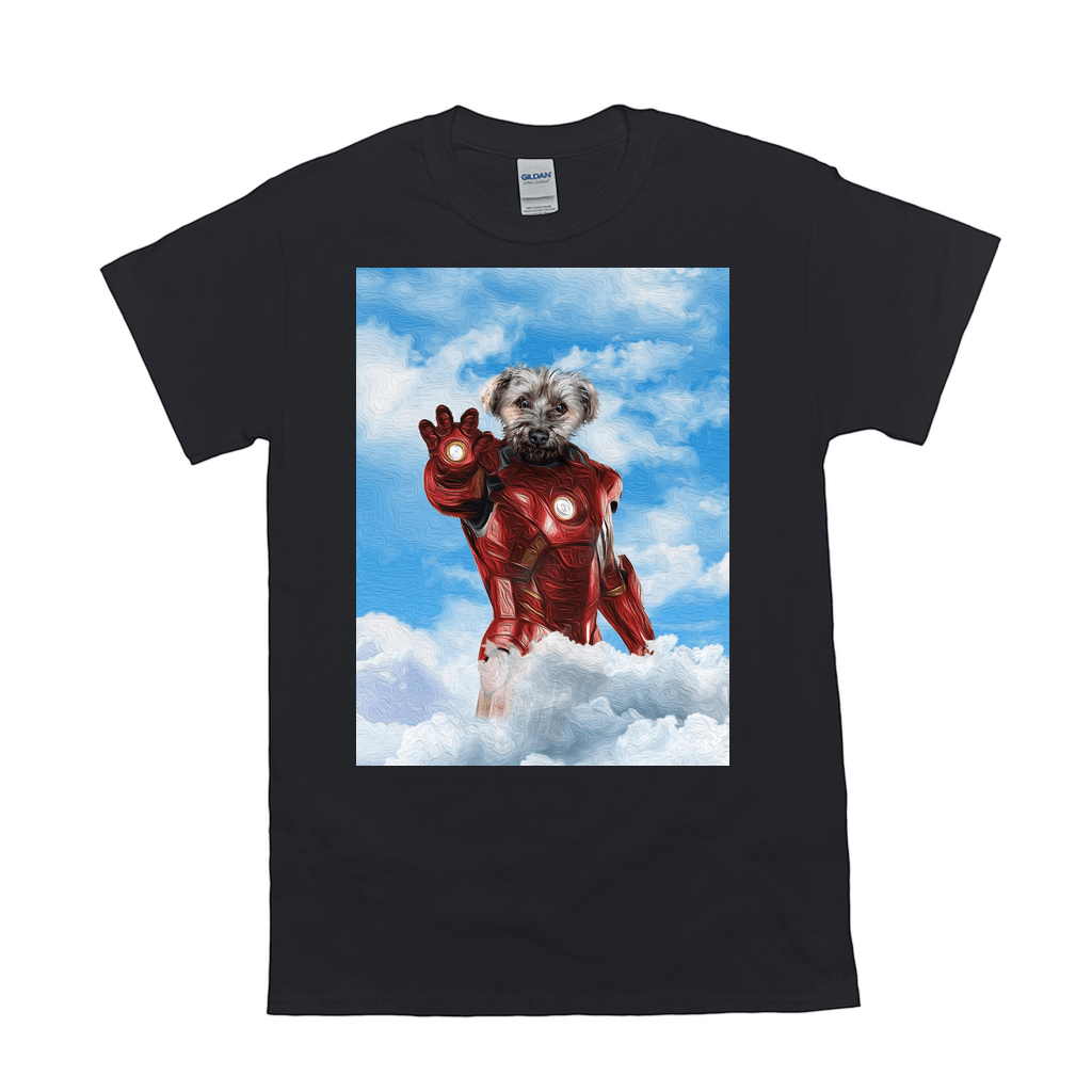 Black Gildan t-shirt with a personalized "Iron Doggo" design, featuring a dog in an Iron Man suit.