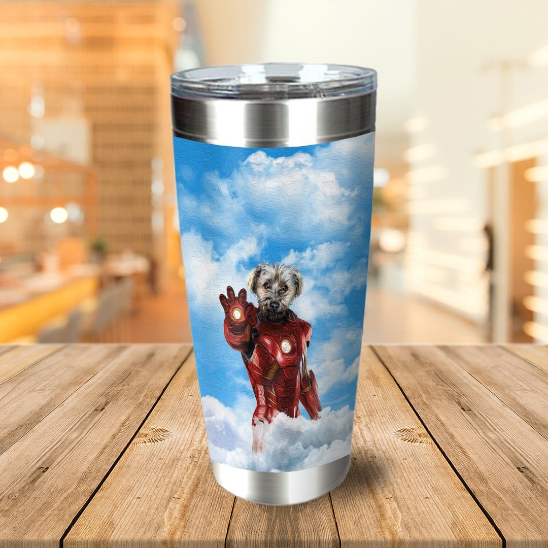 Personalized stainless steel tumbler with a custom pet portrait of a dog dressed as Iron Man.