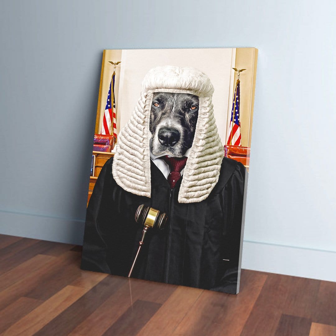 Personalized canvas print of a dog dressed as a judge in a black robe, white wig, and red tie.