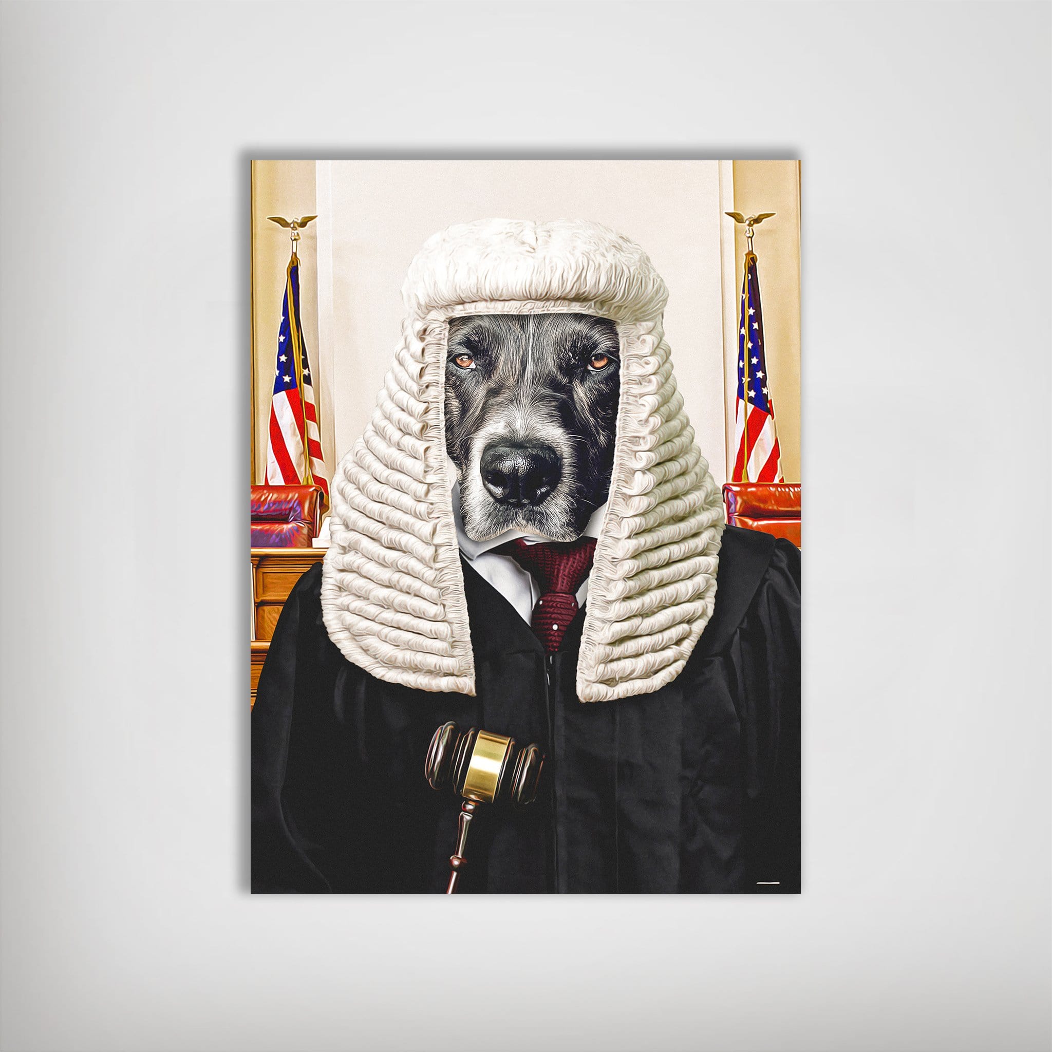 Personalized pet poster featuring a dog dressed as a judge in a black robe and white wig, holding a gavel.