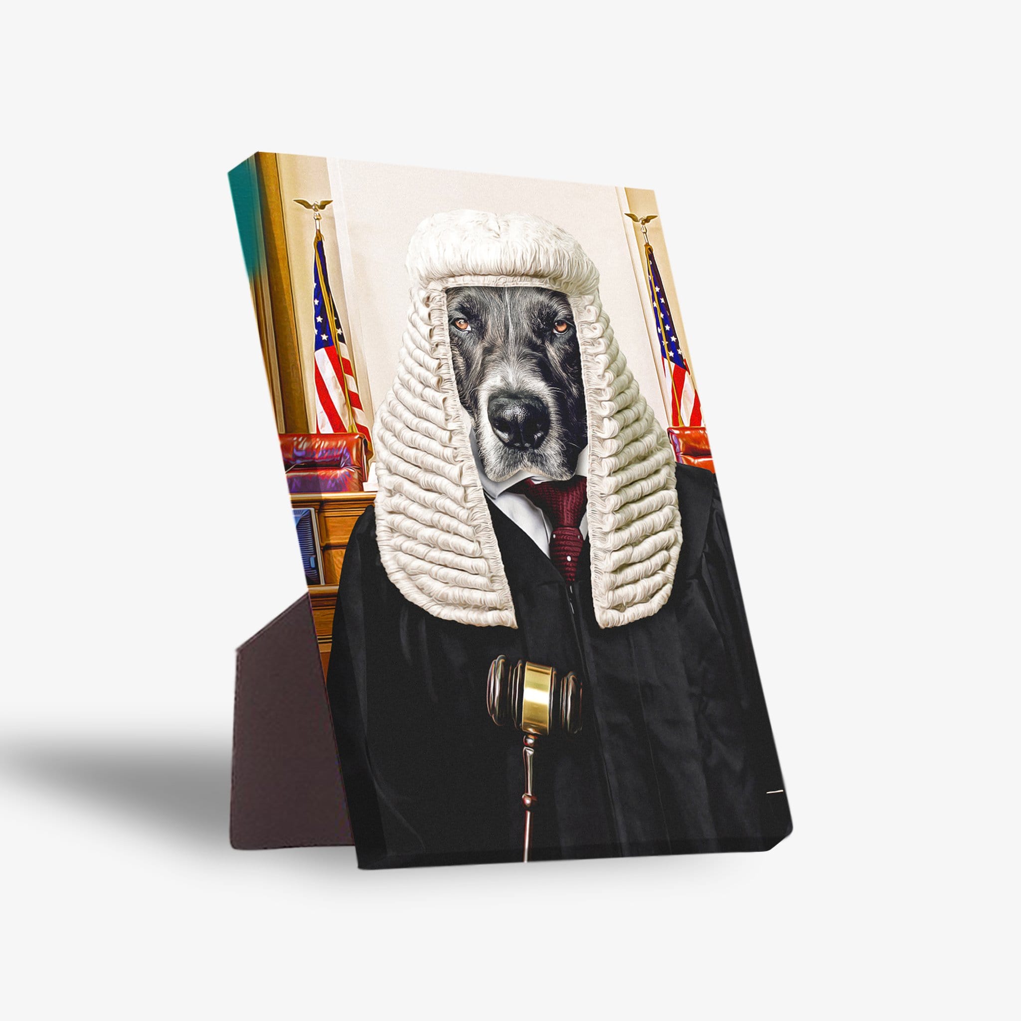 Personalized pet standing canvas featuring a dog dressed as a judge in a black robe and white wig.