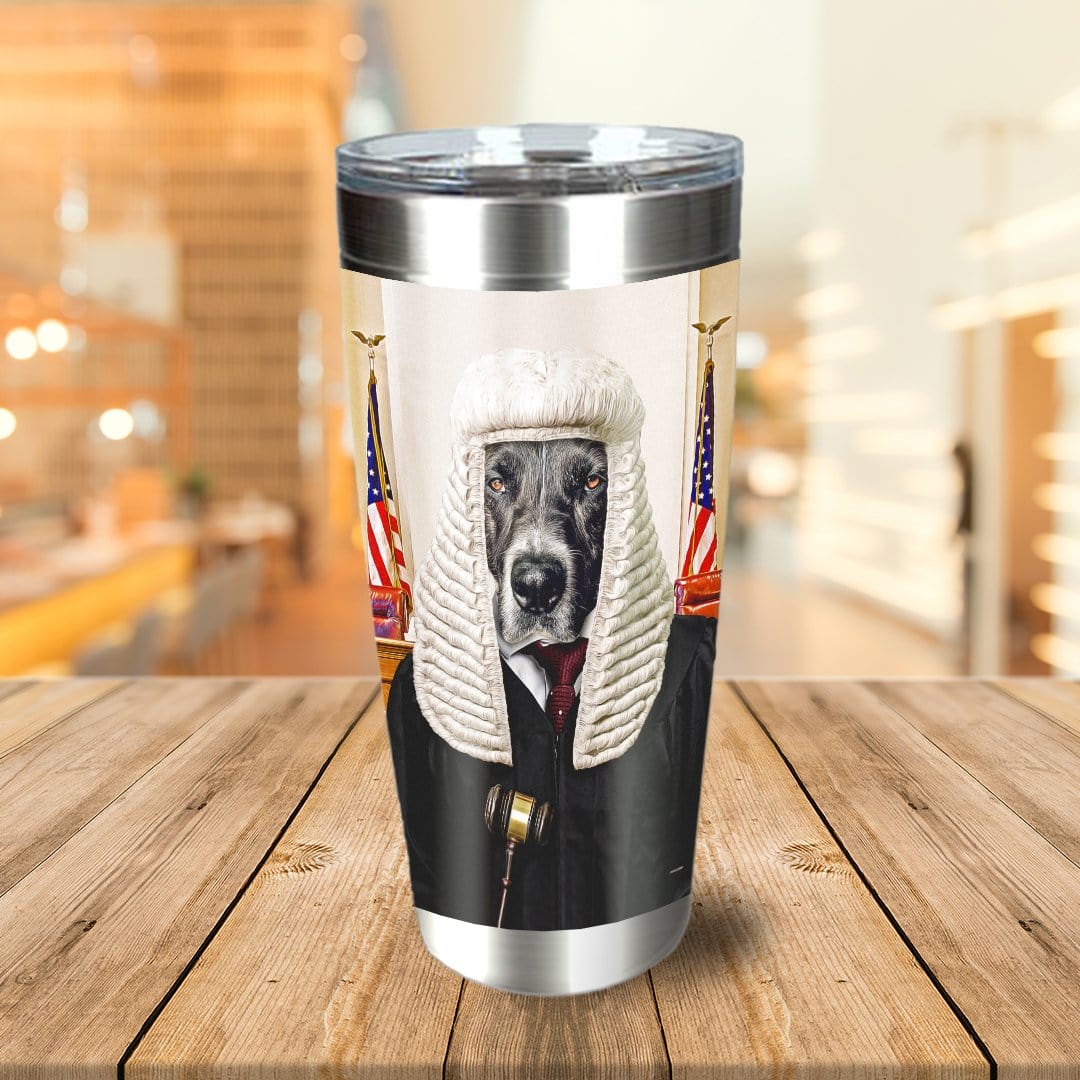 Personalized stainless steel tumbler with a custom portrait of a dog dressed as a judge with a wig and gavel.