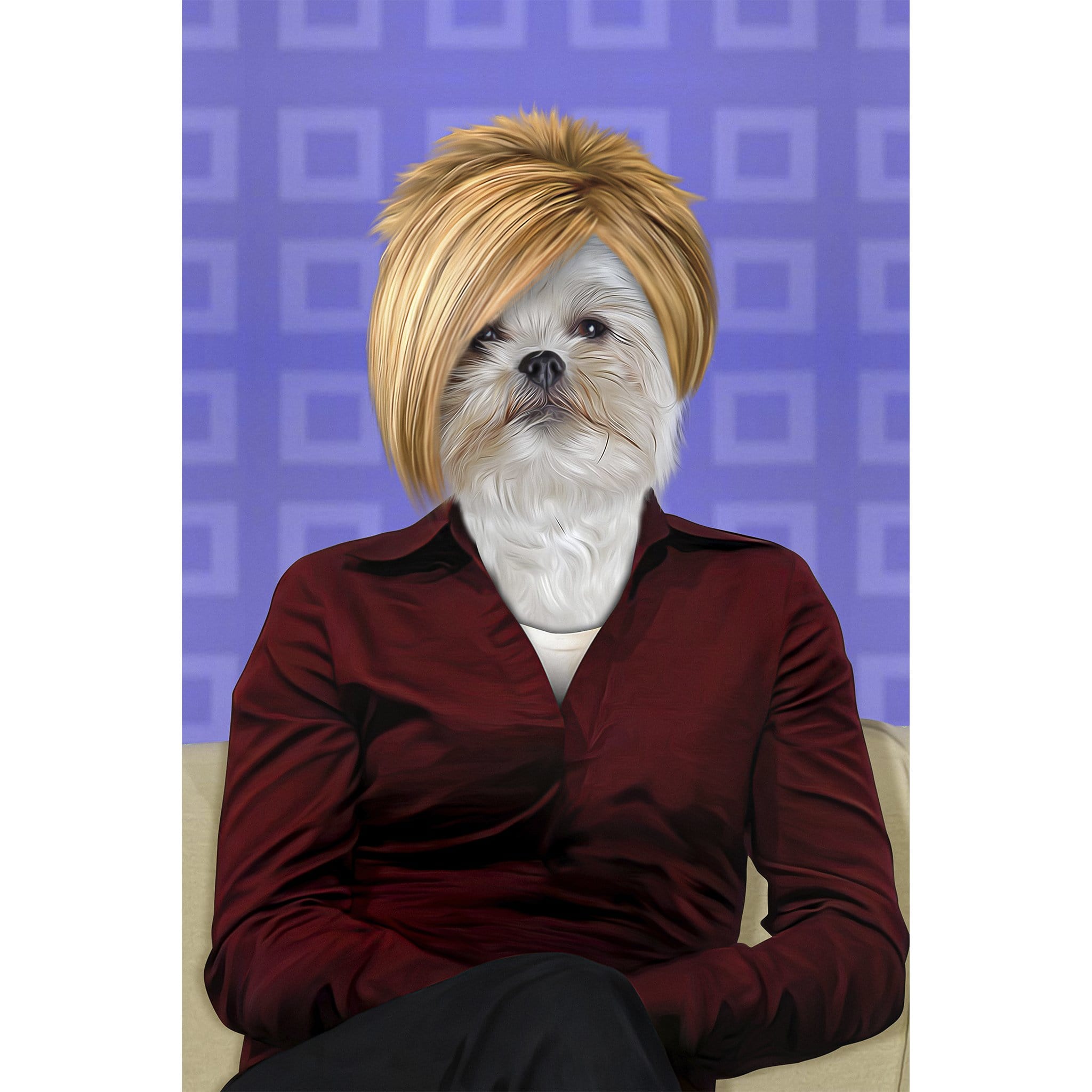 Custom digital portrait of a Shih Tzu dog with a blonde bob haircut and a red shirt.